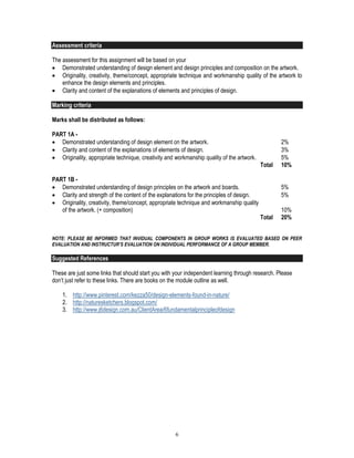 6
Assessment criteria
The assessment for this assignment will be based on your
 Demonstrated understanding of design element and design principles and composition on the artwork.
 Originality, creativity, theme/concept, appropriate technique and workmanship quality of the artwork to
enhance the design elements and principles.
 Clarity and content of the explanations of elements and principles of design.
Marking criteria
Marks shall be distributed as follows:
PART 1A -
 Demonstrated understanding of design element on the artwork. 2%
 Clarity and content of the explanations of elements of design. 3%
 Originality, appropriate technique, creativity and workmanship quality of the artwork. 5%
Total 10%
PART 1B -
 Demonstrated understanding of design principles on the artwork and boards. 5%
 Clarity and strength of the content of the explanations for the principles of design. 5%
 Originality, creativity, theme/concept, appropriate technique and workmanship quality
of the artwork. (+ composition) 10%
Total 20%
NOTE: PLEASE BE INFORMED THAT INVIDUAL COMPONENTS IN GROUP WORKS IS EVALUATED BASED ON PEER
EVALUATION AND INSTRUCTUR’S EVALUATION ON INDIVIDUAL PERFORMANCE OF A GROUP MEMBER.
Suggested References
These are just some links that should start you with your independent learning through research. Please
don’t just refer to these links. There are books on the module outline as well.
1. http://www.pinterest.com/kezza50/design-elements-found-in-nature/
2. http://naturesketchers.blogspot.com/
3. http://www.j6design.com.au/ClientArea/6fundamentalprincipleofdesign
 