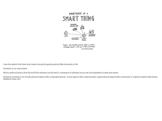 I love this sketch that Dave Gray made to bring this great quote by Mike Kuniavsky to life.
!
Fantastic on so many levels.
!
What’s really exciting is that the stuff that software can be held in, containers of software as you will, has exploded in scope and variety.
!
Software containers can include physical objects (like a wearable device), virtual objects (like a web browser), organizational objects (like a business), or cognitive objects (like brains,
feedback loops, etc).
!
!
!
!
!
 