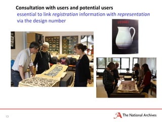 Consultation with users and potential users
essential to link registration information with representation
via the design number
13
 