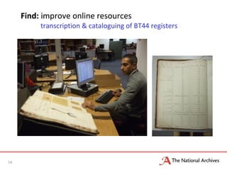 Find: improve online resources
transcription & cataloguing of BT44 registers
14
 