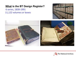What is the BT Design Register?
6 series, 1839-1991
11,122 volumes or boxes
 
