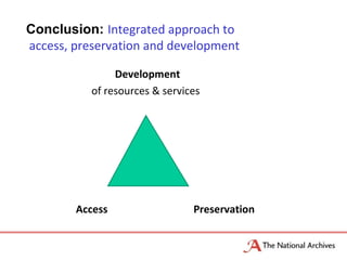 Conclusion: Integrated approach to
access, preservation and development
Development
of resources & services
Access Preservation
 