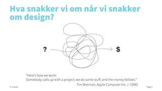 Hva snakker vi om når vi snakker
om design?

© Creuna

“Here’s how we work:
Somebody calls up with a project; we do some s...