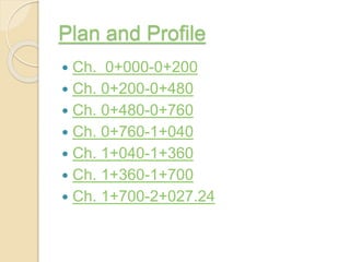 Plan and Profile
 Ch. 0+000-0+200
 Ch. 0+200-0+480
 Ch. 0+480-0+760
 Ch. 0+760-1+040
 Ch. 1+040-1+360
 Ch. 1+360-1+700
 Ch. 1+700-2+027.24
 
