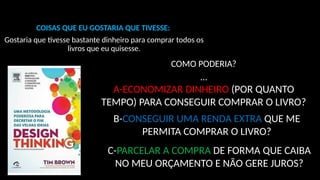 COISAS QUE EU GOSTARIA QUE TIVESSE:
Gostaria que tivesse bastante dinheiro para comprar todos os
livros que eu quisesse.
COMO PODERIA?
...
A-ECONOMIZAR DINHEIRO (POR QUANTO
TEMPO) PARA CONSEGUIR COMPRAR O LIVRO?
B-CONSEGUIR UMA RENDA EXTRA QUE ME
PERMITA COMPRAR O LIVRO?
C-PARCELAR A COMPRA DE FORMA QUE CAIBA
NO MEU ORÇAMENTO E NÃO GERE JUROS?
 