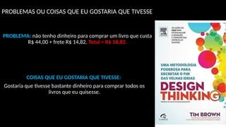 PROBLEMAS OU COISAS QUE EU GOSTARIA QUE TIVESSE
PROBLEMA: não tenho dinheiro para comprar um livro que custa
R$ 44,00 + frete R$ 14,82. Total = R$ 58,82.
COISAS QUE EU GOSTARIA QUE TIVESSE:
Gostaria que tivesse bastante dinheiro para comprar todos os
livros que eu quisesse.
 
