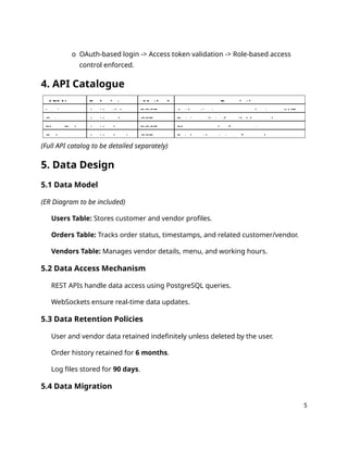 o OAuth-based login -> Access token validation -> Role-based access
control enforced.
4. API Catalogue
API Name Endpoint Method Description
Login /api/auth/ POST Authenticates a user and returns JWT
Get /api/vendors GET Retrieves list of available vendors
Place Order /api/orders POST Places an order for a customer
Order /api/orders/ GET Fetches the status of an order
(Full API catalog to be detailed separately)
5. Data Design
5.1 Data Model
(ER Diagram to be included)
Users Table: Stores customer and vendor profiles.
Orders Table: Tracks order status, timestamps, and related customer/vendor.
Vendors Table: Manages vendor details, menu, and working hours.
5.2 Data Access Mechanism
REST APIs handle data access using PostgreSQL queries.
WebSockets ensure real-time data updates.
5.3 Data Retention Policies
User and vendor data retained indefinitely unless deleted by the user.
Order history retained for 6 months.
Log files stored for 90 days.
5.4 Data Migration
5
 