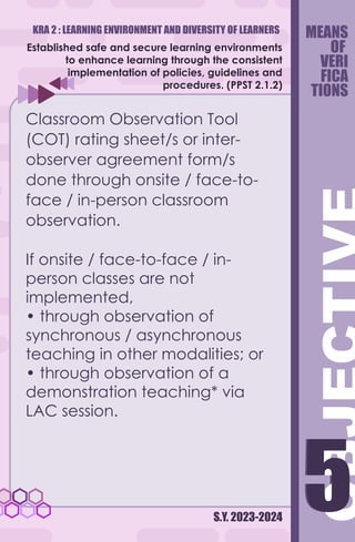 KRA 2 : LEARNING ENVIRONMENT AND DIVERSITY OF LEARNERS
S.Y. 2023-2024
5
5
Established safe and secure learning environments
to enhance learning through the consistent
implementation of policies, guidelines and
procedures. (PPST 2.1.2)
Classroom Observation Tool
(COT) rating sheet/s or inter-
observer agreement form/s
done through onsite / face-to-
face / in-person classroom
observation.
If onsite / face-to-face / in-
person classes are not
implemented,
• through observation of
synchronous / asynchronous
teaching in other modalities; or
• through observation of a
demonstration teaching* via
LAC session.
MEANS
OF
VERI
FICA
TIONS
 