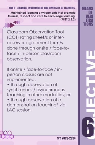KRA 2 : LEARNING ENVIRONMENT AND DIVERSITY OF LEARNERS
S.Y. 2023-2024
6
6
Maintained learning environments that promote
fairness, respect and care to encourage learning.
(PPST 2.2.2)
Classroom Observation Tool
(COT) rating sheet/s or inter-
observer agreement form/s
done through onsite / face-to-
face / in-person classroom
observation.
If onsite / face-to-face / in-
person classes are not
implemented,
• through observation of
synchronous / asynchronous
teaching in other modalities; or
• through observation of a
demonstration teaching* via
LAC session.
MEANS
OF
VERI
FICA
TIONS
 