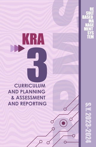PM
RE
SULT
BASED
MA
NAGE
MENT
SYS
TEM
KRA
3
CURRICULUM
AND PLANNING
& ASSESSMENT
AND REPORTING
S.Y.
2023-2024
 