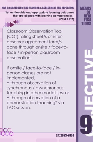 KRA 3: CURRICULUM AND PLANNING & ASSESSMENT AND REPORTING
S.Y. 2023-2024
9
9
Set achievable and appropriate learning outcomes
that are aligned with learning competencies.
(PPST 4.2.2)
Classroom Observation Tool
(COT) rating sheet/s or inter-
observer agreement form/s
done through onsite / face-to-
face / in-person classroom
observation.
If onsite / face-to-face / in-
person classes are not
implemented,
• through observation of
synchronous / asynchronous
teaching in other modalities; or
• through observation of a
demonstration teaching* via
LAC session.
MEANS
OF
VERI
FICA
TIONS
 