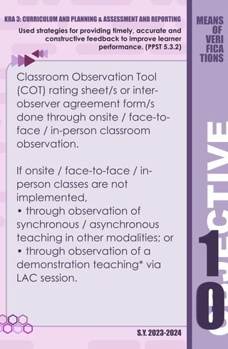 S.Y. 2023-2024
Used strategies for providing timely, accurate and
constructive feedback to improve learner
performance. (PPST 5.3.2)
Classroom Observation Tool
(COT) rating sheet/s or inter-
observer agreement form/s
done through onsite / face-to-
face / in-person classroom
observation.
If onsite / face-to-face / in-
person classes are not
implemented,
• through observation of
synchronous / asynchronous
teaching in other modalities; or
• through observation of a
demonstration teaching* via
LAC session.
MEANS
OF
VERI
FICA
TIONS
0
1
0
1
KRA 3: CURRICULUM AND PLANNING & ASSESSMENT AND REPORTING
 