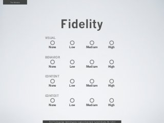 The Models




                               Fidelity
             VISUAL


               None                         Low                     Medium                         High


             BEHAVIOR


               None                         Low                    Medium                          High


             CONTENT


               None                         Low                     Medium                         High


             CONTEXT


               None                         Low                     Medium                         High




               From “The Design Age: maximizing value in agile and lean teams” by Austin Govella, Feb 7, 2013
 