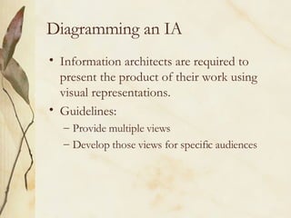 Diagramming an IA Information architects are required to present the product of their work using visual representations. Guidelines: Provide multiple views Develop those views for specific audiences 