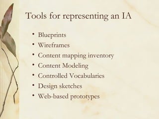 Tools for representing an IA Blueprints Wireframes Content mapping inventory Content Modeling Controlled Vocabularies Design sketches Web-based prototypes 
