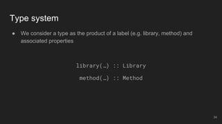 ● We consider a type as the product of a label (e.g. library, method) and
associated properties
library(…) :: Library
method(…) :: Method
Type system
34
 