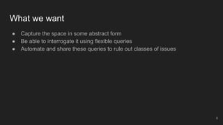 ● Capture the space in some abstract form
● Be able to interrogate it using flexible queries
● Automate and share these queries to rule out classes of issues
What we want
6
 