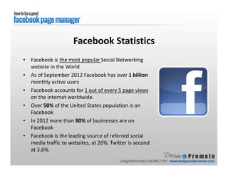 Facebook Statistics
• Facebook is the most popular Social Networking
website in the World
• As of September 2012 Facebook has over 1 billion
monthly active users
• Facebook accounts for 1 out of every 5 page views
on the internet worldwide.
• Over 50% of the United States population is on
Facebook
• In 2012 more than 80% of businesses are on
Facebook
• Facebook is the leading source of referred social
media traffic to websites, at 26%. Twitter is second
at 3.6%.
 