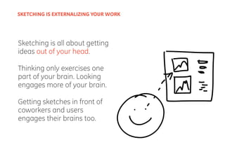 Sketching is all about getting
ideas out of your head.
Thinking only exercises one
part of your brain. Looking
engages more of your brain.
Getting sketches in front of
coworkers and users
engages their brains too.
SKETCHING IS EXTERNALIZING YOUR WORK
 
