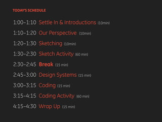 1:00–1:10 Settle In & Introductions (10min)
1:10–1:20 Our Perspective (10min)
1:20–1:30 Sketching (10min)
1:30–2:30 Sketch Activity (60 min)
2:30–2:45 Break (15 min)
2:45–3:00 Design Systems (15 min)
3:00–3:15 Coding (15 min)
3:15–4:15 Coding Activity (60 min)
4:15–4:30 Wrap Up (15 min)
TODAY’S SCHEDULE
 