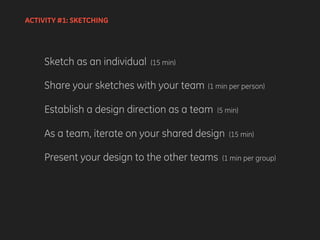 Sketch as an individual (15 min)
Share your sketches with your team (1 min per person)
Establish a design direction as a team (5 min)
As a team, iterate on your shared design (15 min)
Present your design to the other teams (1 min per group)
ACTIVITY #1: SKETCHING
 