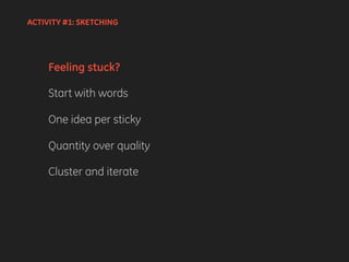 Feeling stuck?
Start with words
One idea per sticky
Quantity over quality
Cluster and iterate
ACTIVITY #1: SKETCHING
 