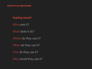 Feeling stuck?
Who uses it?
What does it do?
Where do they use it?
When do they use it?
How do they use it?
Why would they use it?
ACTIVITY #1: SKETCHING
 