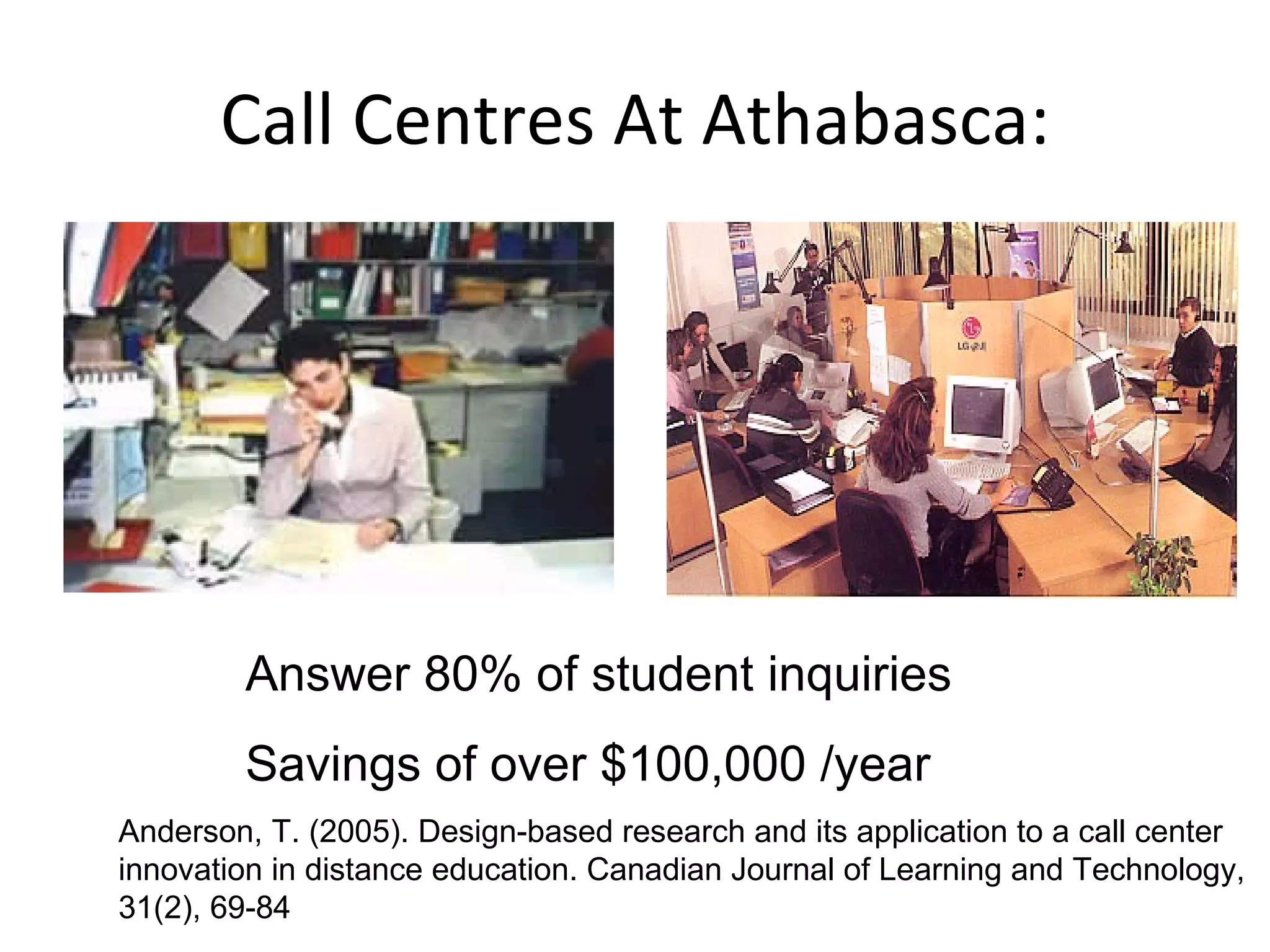 Call Centres At Athabasca: Answer 80% of student inquiries Savings of over $100,000 /year Anderson, T. (2005). Design-based research and its application to a call center innovation in distance education. Canadian Journal of Learning and Technology, 31(2), 69-84  
