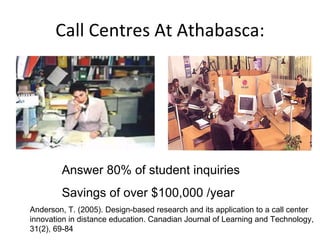 Call Centres At Athabasca: Answer 80% of student inquiries Savings of over $100,000 /year Anderson, T. (2005). Design-based research and its application to a call center innovation in distance education. Canadian Journal of Learning and Technology, 31(2), 69-84  