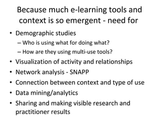 Because much e-learning tools and context is so emergent - need for  Demographic studies Who is using what for doing what? How are they using multi-use tools? Visualization of activity and relationships Network analysis - SNAPP Connection between context and type of use Data mining/analytics Sharing and making visible research and practitioner results 