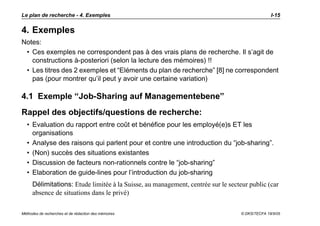 Le plan de recherche - 4. Exemples                                                              I-15


4. Exemples
Notes:
 • Ces exemples ne correspondent pas à des vrais plans de recherche. Il s’agit de
   constructions à-posteriori (selon la lecture des mémoires) !!
 • Les titres des 2 exemples et “Eléments du plan de recherche” [8] ne correspondent
   pas (pour montrer qu’il peut y avoir une certaine variation)

4.1 Exemple “Job-Sharing auf Managementebene”
Rappel des objectifs/questions de recherche:
  • Evaluation du rapport entre coût et bénéfice pour les employé(e)s ET les
    organisations
  • Analyse des raisons qui parlent pour et contre une introduction du “job-sharing”.
  • (Non) succès des situations existantes
  • Discussion de facteurs non-rationnels contre le “job-sharing”
  • Elaboration de guide-lines pour l’introduction du job-sharing
     Délimitations: Etude limitée à la Suisse, au management, centrée sur le secteur public (car
     absence de situations dans le privé)

Méthodes de recherches et de rédaction des mémoires                               © DKS/TECFA 19/5/05
 