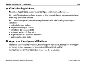 Le plan de recherche - 4. Exemples                                                          I-16

A. Choix des hypothèses
     Note: Les hypothèses ne correspondent pas totalement au travail .....
  • H1: “Job Sharing kann auf der unteren, mittleren und oberen Managementebene
    mit Erfolg praktiziert werden”
  • H2: Les raisons principalement évoquées contre le Job-Sharing ne sont pas
    valables:
    • indivisibilité des tâches
    • responsabilités pas claires
    • limitations de l’accessibilité
    • entraves au flux d’information
    • augmentation du potentiel de conflit
    • augmentation des coûts

B. Approche théorique et définitions
  • littérature sur: flexibilité du travail, flexibilité pour managers, tâches des managers,
    rendements des managers, mesure de coût-bénéfice (modèle)
  • Autres Sources d’information: Entretiens avec des spécialistes




Méthodes de recherches et de rédaction des mémoires                           © DKS/TECFA 19/5/05
 