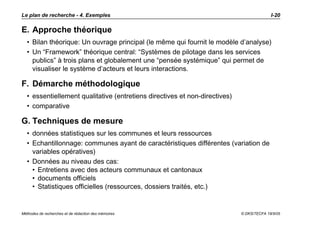Le plan de recherche - 4. Exemples                                                        I-20

E. Approche théorique
  • Bilan théorique: Un ouvrage principal (le même qui fournit le modèle d’analyse)
  • Un “Framework” théorique central: “Systèmes de pilotage dans les services
    publics” à trois plans et globalement une “pensée systémique” qui permet de
    visualiser le système d’acteurs et leurs interactions.

F. Démarche méthodologique
  • essentiellement qualitative (entretiens directives et non-directives)
  • comparative

G. Techniques de mesure
  • données statistiques sur les communes et leurs ressources
  • Echantillonnage: communes ayant de caractéristiques différentes (variation de
    variables opératives)
  • Données au niveau des cas:
    • Entretiens avec des acteurs communaux et cantonaux
    • documents officiels
    • Statistiques officielles (ressources, dossiers traités, etc.)


Méthodes de recherches et de rédaction des mémoires                         © DKS/TECFA 19/5/05
 