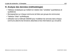Le plan de recherche - 4. Exemples                                                      I-21

H. Analyse des données (méthodologie)
  • Tableaux analytiques qui mettent en relation des “variables” quantitatives et
    qualitatives
  • Monographies sur chaque commune (et bilan par groupe de communes)
  • Tableaux “bilan” synthétiques
  • Utilisation de la méthode OSSAD pour modéliser les services dans chaque
    commune (décrire les fonctions attachées et les informations qui circulent)




Méthodes de recherches et de rédaction des mémoires                       © DKS/TECFA 19/5/05
 
