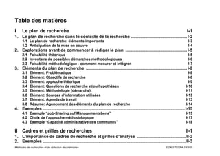 Table des matières
I    Le plan de recherche                                                                                                              I-1
1. Le plan de recherche dans le contexte de la recherche ................................................ I-2
     1.1 Le plan de recherche: éléments importants                                                                                      I-3
     1.2 Anticipation de la mise en oeuvre                                                                                              I-4
2. Explorations avant de commencer à rédiger le plan ..................................................... I-5
     2.1 Faisabilité théorique                                                                                                          I-5
     2.2 Inventaire de possibles démarches méthodologiques                                                                              I-6
     2.3 Faisabilité méthodologique - comment mesurer et intégrer                                                                       I-7
3. Eléments du plan de recherche ....................................................................................... I-8
     3.1   Elément: Problématique                                                                                                        I-8
     3.2   Elément: Objectifs de recherche                                                                                               I-8
     3.3   Elément: approche théorique                                                                                                   I-9
     3.4   Elément: Questions de recherche et/ou hypothèses                                                                            I-10
     3.5   Elément: Méthodologie (démarche)                                                                                            I-11
     3.6   Elément: Sources d’information utilisées                                                                                    I-13
     3.7   Elément: Agenda de travail                                                                                                  I-13
     3.8   Résumé: Agencement des éléments du plan de recherche                                                                        I-14
4. Exemples .......................................................................................................................... I-15
     4.1 Exemple “Job-Sharing auf Managementebene”                                                                                     I-15
     4.2 Choix de l’approche méthodologique                                                                                            I-17
     4.3 Exemple “Capacité administrative des communes”                                                                                I-18

II   Cadres et grilles de recherches                                                                                                  II-1
1. L’importance de cadres de recherche et grilles d’analyse .......................................... II-2
2. Exemples ........................................................................................................................... II-3
Méthodes de recherches et de rédaction des mémoires                                                                   © DKS/TECFA 19/5/05
 