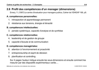 Cadres et grilles de recherches - 2. Exemples                                                  II-8

2.6 Profil des compétences d’un manager (dimensions)
     Emery, Y. (1997) Le centre d’évaluation pour managers publics, Cahier de l’IDHEAP 166, p9.

A. compétences personnelles:
  1. introspection et apprentissage permanent
  2. résistance aux tensions, énergie et ténacité

B. compétences intellectuelles:
  3. pensée systémique, capacité d’analyse et de synthèse

C. compétences relationnelles:
  4. leadership et de gestion de groupe
  5. capacité d’écoute et de communication

D. compétences managériales:
  6. attention à l’environnement et proactivité
  7. entrepreneurship et esprit de décision
  8. planification et controlling
     Sur 4 pages l’auteur indique ensuite les sous-dimensions et ensuite comment les
     mesurer par des dispositifs expérimentaux variés....
Méthodes de recherches et de rédaction des mémoires                             © DKS/TECFA 19/5/05
 