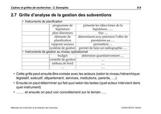 Cadres et grilles de recherches - 2. Exemples                                                      II-9

2.7 Grille d’analyse de la gestion des subventions
            • Instruments de planification
                                   programme de         présente les idées fortes de la
                                     législature              législature, ......
                                  plan directeurs                   fixe ....
                                    éléments de     déterminent avec précision l’offre de
                                    planification            prestations au .....
                                 rapports sociaux              permettent ....
                                système de gestion permet de faire un radiographie .....
            • Instruments de gestion au niveau opérationnel
                                       budget          détermine quantitativement .....
                                contrôle de gestion                    ....
                                  tableau de bord                     .....
                                         ....                         .....

  • Cette grille peut ensuite être croisée avec les acteurs (selon le niveau hiérarchique:
    législatif, exécutif, département, services, institutions, parents, ....)
  • Ensuite on peut déterminer qui fait quoi selon les textes (quel acteur intervient dans
    quel instrument)
  • ........ et ensuite on peut voir concrètement sur le terrain .....



Méthodes de recherches et de rédaction des mémoires                                 © DKS/TECFA 19/5/05
 