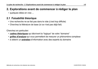 Le plan de recherche - 2. Explorations avant de commencer à rédiger le plan                   I-5


2. Explorations avant de commencer à rédiger le plan
  • quelques idées en vrac ...

2.1 Faisabilité théorique
  • Une recherche ne se fait pas dans le vide (c’est trop difficile)
  • Cherchez la littérature de base (si ce n’est pas déjà fait)

Cherchez en particulier:
 • cadres théoriques qui décrivent la “logique” de votre “domaine”
 • grilles d’analyse qui vous permettent de mesurer un phénomène complexe
 • à obtenir un entretien d’information avec des experts du domaine




Méthodes de recherches et de rédaction des mémoires                           © DKS/TECFA 19/5/05
 