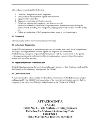 followed and consisting of the following:
a. Proficiency sample reports and responses.
b. Third party on-site inspection reports and responses.
c. Equipment Inventory List
d. Equipment calibration verification records.
e. Technician training and competency verification records.
f. Records of calibration verification of equipment and materials received during the
review period, including new equipment, capping compound, concrete cylinder molds,
etc.
g. Follow-up verification of deficiency corrections noted in previous reviews.
8.2 Frequency
Internal quality system reviews are conducted annually.
8.3 Individuals Responsible
The CQAM is responsible to assure the reviews are performed, that corrective action plans are
developed and implemented, and that reports are prepared and distributed.
The Laboratory Manager is responsible for compliance with the requirements of the quality
system, preparation and performance of the corrective action plan, reporting of corrective
actions, and recording keeping.
8.4 Report Preparation and Distribution
The individual performing the inspection shall prepare a report of their findings, which shall be
distributed, to the Laboratory Manager and the CQAM.
8.5 Corrective Action
A plan for corrective action shall be developed and implemented by the Laboratory Manager
and approved by the CQAM. Upon completion of the corrective action plan, a report shall be
prepared by the Laboratory Manager and submitted to the CQAM and WSDOT.
ATTACHMENT A
TABLES
Table No. 1 – Field Materials Testing Services
Table No. 2 – Materials Laboratory Tests
TABLE NO. 1
FIELD MATERIALS TESTING SERVICES
 