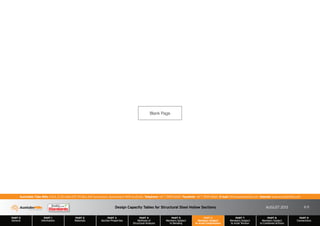 Design Capacity Tables for Structural Steel Hollow Sections AUGUST 2013
PART 0
General
PART 1
Information
PART 2
Materials
PART 3
Section Properties
PART 4
Methods of
Structural Analysis
PART 5
Members Subject
to Bending
PART 6
Members Subject
to Axial Compression
PART 7
Members Subject
to Axial Tension
PART 8
Members Subject
to Combined Actions
PART 9
Connections
Australian Tube Mills A.B.N. 21 123 666 679. PO Box 246 Sunnybank, Queensland 4109 Australia Telephone +61 7 3909 6600 Facsimile +61 7 3909 6660 E-mail info@austubemills.com Internet www.austubemills.com
6-5
Blank Page
 