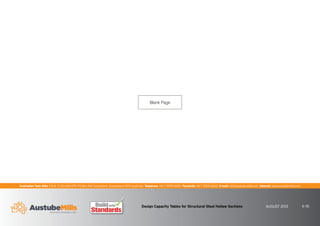 Australian Tube Mills A.B.N. 21 123 666 679. PO Box 246 Sunnybank, Queensland 4109 Australia Telephone +61 7 3909 6600 Facsimile +61 7 3909 6660 E-mail info@austubemills.com Internet www.austubemills.com
Design Capacity Tables for Structural Steel Hollow Sections AUGUST 2013 6-36
Blank Page
 