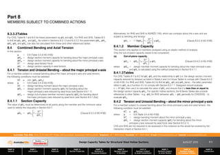 Design Capacity Tables for Structural Steel Hollow Sections AUGUST 2013
PART 0
General
PART 1
Information
PART 2
Materials
PART 3
Section Properties
PART 4
Methods of
Structural Analysis
PART 5
Members Subject
to Bending
PART 6
Members Subject
to Axial Compression
PART 7
Members Subject
to Axial Tension
PART 8
Members Subject
to Combined Actions
PART 9
Connections
Australian Tube Mills A.B.N. 21 123 666 679. PO Box 246 Sunnybank, Queensland 4109 Australia Telephone +61 7 3909 6600 Facsimile +61 7 3909 6660 E-mail info@austubemills.com Internet www.austubemills.com
8-5
8.3.3.3Tables
For CHS, Table 8-1 and 8-2 list these parameters as qNs and qMs. For RHS and SHS, Tables 8-3
to 8-6 list qNs, qMsx and qMsy. As noted in Sections 8.3.1.3 and 8.3.2.3, the parameters qMrx, qMry,
qMix, qMiy and qMox can also be calculated from these and other referenced tables.
8.4 Combined Bending and Axial Tension
In this section:
q = 0.9 (Table 3.4 of AS 4100)
qMsx = design section moment capacity for bending about the major principal x-axis
qMsy = design section moment capacity for bending about the minor principal y-axis
N* = design axial tension force
qNt = design section capacity in axial tension
8.4.1 Tension and Uniaxial Bending – about the major principal x-axis
For a member subject to uniaxial bending about the major principal x-axis and axial tension,
the following conditions must be satisfied:
M*
x ) min. [qMrx; qMox]
where q = 0.9 (Table 3.4 of AS 4100)
M*
x = design bending moment about the major principal x-axis
qMrx = design section moment capacity (qMs) for bending about the
major principal x-axis reduced by axial force (see Section 8.4.1.1)
qMox = design out-of-plane member moment capacity (qMo) for bending about
the major principal x-axis reduced by axial force (see Section 8.4.1.2(a))
8.4.1.1 Section Capacity
The value of qMrx must be determined at all points along the member and the minimum value
used to satisfy the inequality in Section 8.4.1.
qMrx = qMsx 1
N*
qNt
£
¤
²
²
¥
¦
´
´ (Clause 8.3.2 of AS 4100)
Alternatively, for RHS and SHS to AS/NZS 1163, which are compact about the x-axis and are
subject to bending and tension
qMrx = 1.18qMsx 1
N*
qNt
£
¤
²
²
¥
¦
´
´
) qMsx (Clause 8.3.2 of AS 4100)
8.4.1.2 Member Capacity
This section only applies to members analysed using an elastic method of analysis.
Only the out-of-plane capacity needs to be considered.
(a) Out-of-plane capacity
qMox = qMbx 1
N*
qNt
£
¤
²
²
¥
¦
´
´
) qMrx  (Clause 8.4.4.2 of AS 4100)
where qMbx = design member moment capacity for bending about the major principal x-axis
and qMrx is calculated using the method presented in Section 8.4.1.1.
8.4.1.3Tables
For CHS, Tables 8-1 to 8-2 list qNt, qMs and the relationship to qMr (i.e. the design section moment
capacity reduced by tension) as listed in Notes 2 and 3 in those Tables to comply with Clause 8.3.2
of AS 4100. For RHS and SHS, Tables 8-3 to 8-6 list qMsx, qNt and qMrx (tens) – the latter parameter
refers to qMrx as a function of n to comply with Section 8.3.1.1. Designers should evaluate
n = N*/qNt, then use it to calculate the value of qMrx and ensure that it is less than or equal to
the design section capacity qMsx. For specific hollow sections, the 8 Series Tables also provide
references to other Tables – e.g. qMb for RHS (whereas qMb = qMs generally for CHS/SHS) – to
evaluate qMox.
8.4.2 Tension and Uniaxial Bending – about the minor principal y-axis
For a member subject to uniaxial bending about the minor principal y-axis and axial tension, the
following condition must be satisfied:
M*
y ) qMry
where q = 0.9 (Table 3.4 of AS 4100)
M*
y = design bending moment about the minor principal y-axis
qMry = design section moment capacity (qMs) for bending about the minor
principal y-axis reduced by axial force (see Section 8.3.2.1).
CHS and SHS are not required to be assessed in this instance as this would be covered by the
interaction check of Section 8.4.1.
Part 8
MEMBERS SUBJECT TO COMBINED ACTIONS
 