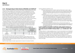 Australian Tube Mills A.B.N. 21 123 666 679. PO Box 246 Sunnybank, Queensland 4109 Australia Telephone +61 7 3909 6600 Facsimile +61 7 3909 6660 E-mail info@austubemills.com Internet www.austubemills.com
Design Capacity Tables for Structural Steel Hollow Sections AUGUST 2013 2-4
Part 2
MATERIALS
2.4.2 Rectangular/Square Hollow Sections (RHS/SHS) and C450PLUS®
Due to the nature of manufacturing cold-formed hollow sections, RHS/SHS generally have higher
strengths and lower elongations (from tensile tests) than CHS manufactured from the same
type of feed-coil. This is basically due to the additional cold-working RHS/SHS receive during
the sizing and finishing stages of shape formation. Consequently, from the three basic strength
grades noted in AS/NZS 1163, CHS are generally supplied in grades C250L0 and C350L0
whereas RHS/SHS are supplied in the higher strengths of grades C350L0 and C450L0.
Australian Tube Mills (ATM) have always been at the forefront in utilising higher strength hollow
sections both in Australia and internationally. This was previously seen by ATM’s push to use
Grade C350L0 for CHS, Grade C450L0 for RHS/SHS (the “GreensTuf” range) and now by offering
the C450PLUS® RHS/SHS across a wide range of pre-coated and uncoated products.
The name C450PLUS® is derived from satisfying two key mechanical properties from tensile tests
– strength and elongation. These properties undergo opposing effects during manufacturing.
As noted above, it is widely known that the cold-forming process increases material strengths
of welded cold-formed hollow sections. However, the elongation requirements of the material
(a reflection of ductility) generally do not increase with strength. This is best illustrated by the
following extract from AS/NZS 1163: Structural Steel Hollow Sections –
Table T2.3: Tensile test requirements for RHS/SHS from Table 6 of AS/NZS 1163
Grade
Minimum yield strength
(fy)
MPa
Minimum tensile strength
(fu)
MPa
Minimum elongation as
a proportion of the gauge
length 5.653So
RHS, SHS b/t, d/t
)15 15 )30 30
C350L0 350 430 12% 14% 16%
C450L0 450 500 10% 12% 14%
C450PLUS® 450 500 12% 14% 16%
NOTE: These elongation limits apply to the face from which the tensile test is taken.
The above table shows that higher strengths are developed in Grade C450L0 products and
higher elongation is attained with Grade C350L0 products. C450PLUS® satisfies all the higher
values of these key mechanical properties (shaded in Table T2.3 and also summarised in bold in
the last row of that table).
Apart from higher strength and lighter weight benefits, the reasons for Australian Tube Mills
supplying C450PLUS® RHS/SHS include:
Grade C450L0 by itself may not perform well if the hollow section is bent to a tight
radius during fabrication (e.g. corners in gate frames, etc). Excess straining sometimes
produces section failures. Experience has shown that Grade C450L0 products which
possess the C350L0 elongation requirements can be adequately formed in these
situations.
Structural steelwork drawings sometimes nominate C350/C350L0 as the default (i.e.
“unless noted otherwise”) grade for RHS/SHS. It is often perceived that C450L0 is a
new and less readily available grade. This perception is not true as Australian Tube
Mills has been supplying a large range of C450PLUS® RHS/SHS in pre-coated and
uncoated finishes for some time. However, there remains some specifiers and end-
users who wish to use C350L0 RHS/SHS. C450PLUS® can fulfill their requirements
as well as the requirements of those who wish to specify/use higher strength C450L0
and its inherent advantages.
Dual-stocking of grades for a particular section is costly. If the same section can
comply with the requirements of both the commonly specified lower strength grade and
the structurally efficient higher strength grade, a lower cost product will be available to
the specifier and end-user.
In order to capitalise on the benefits of C450PLUS®’s higher strength properties, the
Tables contained in this publication consider C450PLUS® RHS/SHS to be designed with
the strength properties of AS/NZS 1163 Grade C450L0 – i.e. fy = 450 MPa and fu = 500
MPa.
As noted in Section 2.1, impact properties such as “L0” are not only important for low temperature
applications but very important for welded members subject to dynamic loads. This is particularly
so for thicker hollow sections. Hence, “L0” impact rated hollow sections, which is satisfied by all
of ATM AS/NZS 1163 compliant structural hollow sections, should always be specified.
Further information on AS/NZS 1163 Grades C250L0, C350L0 and C450PLUS® can be found in
the Australian Tube Mills’ (ATM) Product Manual. These and other publications and software can
be obtained freely from www.austubemills.com or by contacting ATM via the details noted at the
bottom of the page.
 