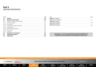 Design Capacity Tables for Structural Steel Hollow Sections AUGUST 2013
PART 0
General
PART 1
Information
PART 2
Materials
PART 3
Section Properties
PART 4
Methods of
Structural Analysis
PART 5
Members Subject
to Bending
PART 6
Members Subject
to Axial Compression
PART 7
Members Subject
to Axial Tension
PART 8
Members Subject
to Combined Actions
PART 9
Connections
Australian Tube Mills A.B.N. 21 123 666 679. PO Box 246 Sunnybank, Queensland 4109 Australia Telephone +61 7 3909 6600 Facsimile +61 7 3909 6660 E-mail info@austubemills.com Internet www.austubemills.com
3-1
Part 3
SECTION PROPERTIES
Section Page
3.1 General 3-2
3.2 Section Property Tables 3-2
3.2.1 Dimensions, Ratios and Properties 3-2
3.2.1.1 Torsion Constants 3-2
3.2.1.2 Corner Radii 3-3
3.2.2 Properties for Design to AS 4100 3-3
3.2.2.1 Compactness 3-3
3.2.2.2 Effective Section Modulus 3-3
3.2.2.3 Form Factor 3-4
3.2.3 Example 3-4
3.3 Properties for Fire Design 3-5
3.4 Telescoping Sections 3-5
3.5 References 3-6
Table Page
Tables 3.1-1 to 3.1-6
Dimensions and Properties 3-7
Tables 3.2-1 to 3.2-4
Fire Engineering Design 3-18
Tables 3.3-1 to 3.3-3
Telescoping Information 3-25
See Section 2.1 for the specific Material Standard (AS/NZS 1163)
referred to by the section type and steel grade in these Tables.
 