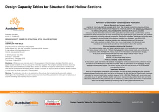 Australian Tube Mills A.B.N. 21 123 666 679. PO Box 246 Sunnybank, Queensland 4109 Australia Telephone +61 7 3909 6600 Facsimile +61 7 3909 6660 E-mail info@austubemills.com Internet www.austubemills.com
Design Capacity Tables for Structural Steel Hollow Sections (ii)
Australian Tube Mills
A.B.N. 21 123 666 679
DESIGN CAPACITY TABLES FOR STRUCTURAL STEEL HOLLOW SECTIONS
Published by:
AUSTRALIAN TUBE MILLS
Enquiries should be addressed to the publisher:
Postal address: P
.O. Box 246, Sunnybank, Queensland 4109, Australia
E-mail address: info@austubemills.com
Internet: www.austubemills.com
© 2013 Australian Tube Mills
First issue – June 2003
Second issue – December 2010
Third issue – August 2013
Disclaimer - Whilst every care has been taken in the preparation of this information, Australian Tube Mills, and its
agents accept no liability for the accuracy of the information supplied. The company expressly disclaims all and any
liability to any person whether a purchaser of any product, or otherwise in respect of anything done or omitted to be
done and the consequences of anything done or omitted to be done, by any such person in reliance, whether in whole
or in part upon the whole or any part of this publication.
Warning - This publication should not be used without the services of a competent professional with suitable
knowledge in the relevant field, and under no circumstances should this publication be relied upon to replace any or
all of the knowledge and expertise of such a person.
Design Capacity Tables for Structural Steel Hollow Sections
Relevance of information contained in this Publication
Material Standards and product qualities:
USERS OF THIS PUBLICATION SHOULD NOTE THAT THE DESIGN CAPACITIES, CALCULATIONS,
TABULATIONS AND OTHER INFORMATION PRESENT IN THIS PUBLICATION ARE SPECIFICALLY RELEVANT
TO STRUCTURAL STEEL HOLLOW SECTIONS SUPPLIED BY Australian Tube Mills.
Consequently, the information contained in this publication cannot be readily used for hollow sections
supplied from other manufacturers as those sections may vary significantly in grade, thickness, size, material
Standard compliance (including chemical composition, mechanical properties, tolerances) and quality when
compared to structural steel hollow sections supplied from Australian Tube Mills (ATM).
In many instances, the higher strengths and qualities provided by ATM structural
steel hollow sections to obtain efficient and economical designs from structural mass
reductions cannot be readily provided by hollow sections from other sources.
Structural steelwork/engineering Standards:
The maximum design loads and design capacities listed in this publication are based on the
limit states design method of AS 4100 and the factored limit states design loads and combinations
considered within AS/NZS 1170. Hence, much of the information contained herein will only
be of use to persons familiar with the limit states design method and the use of:
AS 4100 Steel structures
AS/NZS 1170 Structural design actions
Product availability & other information:
As the section, grade and finish of all products are subject to continuous improvement, reference should
be made to the ATM PRODUCT AVAILABILITY GUIDE (PAG) for information on the availability of listed
sections and associated finishes. The current version of the PAG can be found on the ATM website
www.austubemills.com.
TubeComp® Software:
Much of the information contained in this publication can also be readily obtained from the computer
software package TubeComp® which can be run in Windows® 95, 98, 2000 and XP
. TubeComp® is a simple
calculator for structural steel hollow sections designed to AS 4100:1998. TubeComp® can provide exact
calculated values for specific effective lengths and screens are dynamically updated when data is entered.
Most of the information in this publication can be obtained by just four “clicks of a mouse” in TubeComp®
which can be freely obtained by contacting ATM or visiting www.austubemills.com.
AUGUST 2013
 