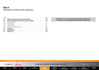 Design Capacity Tables for Structural Steel Hollow Sections AUGUST 2013
PART 0
General
PART 1
Information
PART 2
Materials
PART 3
Section Properties
PART 4
Methods of
Structural Analysis
PART 5
Members Subject
to Bending
PART 6
Members Subject
to Axial Compression
PART 7
Members Subject
to Axial Tension
PART 8
Members Subject
to Combined Actions
PART 9
Connections
Australian Tube Mills A.B.N. 21 123 666 679. PO Box 246 Sunnybank, Queensland 4109 Australia Telephone +61 7 3909 6600 Facsimile +61 7 3909 6660 E-mail info@austubemills.com Internet www.austubemills.com
4-1
Part 4
METHODS OF STRUCTURAL ANALYSIS
Section Page
4.1 Methods of Determining Design Action Effects 4-2
4.2 Moment Amplifiction for First-Order Elastic Analysis 4-2
4.2.1 Braced Members 4-2
4.2.1.1 Calculation of cm 4-3
4.2.2 Sway Members 4-3
4.2.3 Elastic Flexural Buckling Loads 4-4
4.3 Examples 4-5
4.4 Miscellaneous 4-6
4.5 References 4-6
See Section 2.1 for the specific Material Standard (AS/NZS 1163)
referred to by the section type and steel grade in these Tables.
 