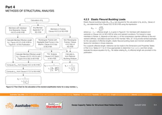Australian Tube Mills A.B.N. 21 123 666 679. PO Box 246 Sunnybank, Queensland 4109 Australia Telephone +61 7 3909 6600 Facsimile +61 7 3909 6660 E-mail info@austubemills.com Internet www.austubemills.com
Design Capacity Tables for Structural Steel Hollow Sections AUGUST 2013 4-4
4.2.3 Elastic Flexural Buckling Loads
Elastic flexural buckling loads (Nomx, Nomy) are required for the calculation of bb and bm. Values of
Nom are determined from Clause 4.6.2 of AS 4100 using the expression:
Nom =
/2
EI
ke L
 2
where keL = Le = effective length. ke is given in Figure 6.1 for members with idealised end
restraints or Clause 4.6.3 of AS 4100 for other end restraint conditions. For braced or sway
members in frames, ke depends on the ratio (a) of the compression member stiffness to the end
restraint stiffness, calculated at each end of the member. Refs. [4.1,4.3] provide worked examples
for the calculation of effective lengths, elastic flexural buckling loads and moment amplification
factors for members in those instances.
For a specific effective length, reference can be made to the Dimensions and Properties Tables
in Part 3 (i.e. Tables 3.1-1 to 3.1-6 as appropriate) to determine I (i.e. Ix or Iy ) and then simply
evaluate the above equation for Nom. No tables relating Nom to effective length are provided in this
publication.
Part 4
METHODS OF STRUCTURAL ANALYSIS
Compute hms from Clause 4.7.2.2 of AS 4100
bs 
1
1 1
hms
£
¤
²
¥
¦
´
Figure 4.2: Flow Chart for the calculation of the moment amplification factor for a sway member, bs
Members in Frames;
Clause 4.6.3.3 of AS 4100
Any Member:
Appendix F of
AS 4100
Members with Idealised
End Restraints; Clause
4.6.3.2 of AS 4100
Calculate Member Effective Length
keL; Figure 4.6.3.2 of AS 4100 or
Figure 6.1 of this Publication
Calculate hc
from Rational
Buckling Analysis
Compute Noms from Clause 4.6.2 of AS 4100
Non-Rectangular
Frames; Clause
4.4.2.3(b) of
AS 4100
“P6” Analysis
Clause 4.4.2.3(a)(i)
of AS 4100
b 
1
1 1
hc
£
¤
²
¥
¦
´
s
b  1
1
6s
hs
YN*
YV*
£
¤
²
²
¥
¦
´
´
s
Calculation of bs
Rectangular Frames with
Negligible Axial Forces in the
Beams; Clause 4.4.2.3(a)
of AS 4100
Calculate Member Effective Length
keL; Clauses 4.6.3.3, 4.6.3.4 and
Figure 4.6.3.3(b) of AS 4100
 
