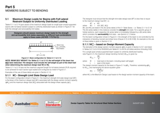 Australian Tube Mills A.B.N. 21 123 666 679. PO Box 246 Sunnybank, Queensland 4109 Australia Telephone +61 7 3909 6600 Facsimile +61 7 3909 6660 E-mail info@austubemills.com Internet www.austubemills.com
Design Capacity Tables for Structural Steel Hollow Sections AUGUST 2013 5-2
Part 5
MEMBERS SUBJECT TO BENDING
5.1 Maximum Design Loads for Beams with Full Lateral
Restraint Subject to Uniformly Distributed Loading
Tables 5.1-1 to 5.1-6 give values of the maximum design loads for single-span simply-supported
beams with full lateral restraint subject to uniformly distributed loads as shown in Figure 5.1 for
both the strength and serviceability limit states.
Designers should assess maximum design loads for the strength
and serviceability limit states separately as different load combinations
apply to these cases (AS/NZS 1170 Part 0).
Beam has
FULL LATERAL
RESTRAINT
L
[W* is in kN]
W*
Figure 5.1: Beam configuration for Tables 5.1-1 to 5.1-6
NOTE: BEAM SELF WEIGHT: For Tables 5.1-1 to 5.1-6, the self-weight of the beam has
NOT been deducted. The designer must include the self-weight as part of the dead load
when determining the maximum design load W*
L or W*
S.
Tables 5.1-1 to 5.1-6 also list the maximum segment length for full lateral restraint (FLR) required
to be achieved for each section type loaded and configured as noted in Figure 5.1.
Examples of the use of these tables are given in Section 5.1.6.
5.1.1 W*
L – Strength Limit State Design Load
For the beam configuration shown in Figure 5.1, the maximum strength limit state design load (W*
L)
is the lesser of the maximum design load (W*
L1) associated with the design section moment capacity
(qMsx) and the maximum design load (W*
L2) associated with the design shear capacity (qVv).
The designer must ensure that the strength limit state design load (W*) is less than or equal
to the maximum design load W*
L, i.e.
W* ) W*
L
where W*
L = min. [W*
L1; W*
L2].
W*
L1 and W*
L2 are listed in the (A) series tables of the 5.1 Table Series – i.e. Tables 5.1-1 to 5.1-6.
The (A) series tables in this instance consider the strength limit state. For a specific group of
hollow sections, each respective (A) series table is immediately followed by a (B) series table
which considers the serviceability limit state – see Section 5.1.2 below.
For the beam configuration shown in Figure 5.1, the strength of the beam is not controlled by the
interaction of bending moment and shear force (Clause 5.12 of AS 4100). An example on the use
of these tables is given in Section 5.1.6.
5.1.1.1W *
L1 – based on Design Moment Capacity
The derivation of the design section moment capacity (qMs) is given in Section 5.2.2.1 and listed
in Tables 5.2-1 to 5.2-4 for RHS/SHS and Tables 8-1 to 8-6 for all hollow sections (including CHS).
For a single-span simply-supported beam subject to uniformly distributed loading
(see Figure 5.1), the maximum design bending moment (Mmax) is given by:
Mmax =
WL
8
where W = total load on the beam, including beam self weight
L = span of the beam.
The design moment capacity for the beam in Figure 5.1 is qMsx. Therefore, substituting qMsx
for Mmax, and rearranging the above equation gives:
W*
L1 =
8 )
qMsx
L
where W*
L1 is the Maximum Design Load based on the design section moment capacity of the beam.
 