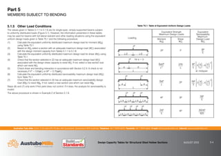 Australian Tube Mills A.B.N. 21 123 666 679. PO Box 246 Sunnybank, Queensland 4109 Australia Telephone +61 7 3909 6600 Facsimile +61 7 3909 6660 E-mail info@austubemills.com Internet www.austubemills.com
Design Capacity Tables for Structural Steel Hollow Sections AUGUST 2013 5-4
Part 5
MEMBERS SUBJECT TO BENDING
Loading
Equivalent Strength
Maximum Design Loads
Equivalent
Serviceability
Maximum
Design Load
WE
*S
Moment
WE
*
M
Shear
WE
*V
2P
4P 3P
4P
2P P
L/2 L/2
P
a
L
b
P
a
L
a
P P
P P
P
L/4 L/4 L/4 L/4
L/5 L/5 L/5 L/5
L/5
P
P P
P
8P
5
8abP
L2
2Pb
L
8P
5
a
L
£
¤
²
¥
¦
´4
a
L
£
¤
²
¥
¦
´
3
•
–
³
³
—
˜
µ
µ
3
at midspan
8aP
L
16P
5
3
a
L
£
¤
²
¥
¦
´4
a
L
£
¤
²
¥
¦
´
3
•
–
³
³
—
˜
µ
µ
24P
5
19P
5
3024P
625
for a  b
Table T5.1: Table of Equivalent Uniform Design Loads
5.1.5 Other Load Conditions
The values given in Tables 5.1-1 to 5.1-6 are for single-span, simply-supported beams subject
to uniformly distributed loads (Figure 5.1). However, the information presented in these tables
may be used for beams with full lateral restraint and other loading situations using the equivalent
uniform design loads given in Table T5.1 and the following procedure:
(1) Calculate the equivalent uniformly distributed maximum design load for moment (W*
EM)
using Table T5.1.
(2) Based on W*
EM select a section with an adequate maximum design load (W*
L1) associated
with the design moment capacity from Tables 5.1-1 to 5.1-6.
(3) Calculate the equivalent uniformly distributed maximum design load for shear (W*
EV) using
Table T5.1.
(4) Check that the section selected in (2) has an adequate maximum design load (W*
L2)
associated with the design shear capacity to resist W*
EV. If not, select a new section size
which can resist W*
EV.
(5) Check shear and bending interaction in accordance with Section 5.2.4. A check is not
necessary if V*  0.6(qVv) or M*  0.75(qMs).
(6) Calculate the equivalent uniformly distributed serviceability maximum design load (W*
ES)
from Table T5.1.
(7) Check that the section selected in (4) has an adequate maximum serviceability design
load (W*
S1) to resist W*
ES. If not, select a new section size which can resist W*
ES.
Steps (6) and (7) only work if first yield does not control. If it does, the analysis for serviceability is
invalid.
The above procedure is shown in Example 2 of Section 5.1.6.
 