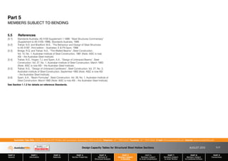 Design Capacity Tables for Structural Steel Hollow Sections AUGUST 2013
PART 0
General
PART 1
Information
PART 2
Materials
PART 3
Section Properties
PART 4
Methods of
Structural Analysis
PART 5
Members Subject
to Bending
PART 6
Members Subject
to Axial Compression
PART 7
Members Subject
to Axial Tension
PART 8
Members Subject
to Combined Actions
PART 9
Connections
Australian Tube Mills A.B.N. 21 123 666 679. PO Box 246 Sunnybank, Queensland 4109 Australia Telephone +61 7 3909 6600 Facsimile +61 7 3909 6660 E-mail info@austubemills.com Internet www.austubemills.com
5-17
5.5 References
[5.1] Standards Australia, AS 4100 Supplement 1-1999: “Steel Structures Commentary”
(Supplement to AS 4100–1998), Standards Australia, 1999.
[5.2] Trahair, N.S. and Bradford, M.A., “The Behaviour and Design of Steel Structures
to AS 4100”, third edition – Australian, E  FN Spon, 1998.
[5.3] Bridge, R.Q. and Trahair, N.S., “Thin-Walled Beams”, Steel Construction,
Vol. 15, No. 1, Australian Institute of Steel Construction, 1981 (Note: AISC is now
ASI – the Australian Steel Institute).
[5.4] Trahair, N.S., Hogan, T.J. and Syam, A.A., “Design of Unbraced Beams”, Steel
Construction, Vol. 27, No. 1, Australian Institute of Steel Construction, March 1993
(Note: AISC is now ASI – the Australian Steel Institute).
[5.5] Trahair, N.S., “Design of Unbraced Cantilevers”, Steel Construction, Vol. 27, No. 3,
Australian Institute of Steel Construction, September 1993 (Note: AISC is now ASI
– the Australian Steel Institute).
[5.6] Syam, A.A., “Beam Formulae”, Steel Construction, Vol. 26, No. 1, Australian Institute of
Steel Construction, March 1992 (Note: AISC is now ASI – the Australian Steel Institute).
See Section 1.1.2 for details on reference Standards.
Part 5
MEMBERS SUBJECT TO BENDING
 
